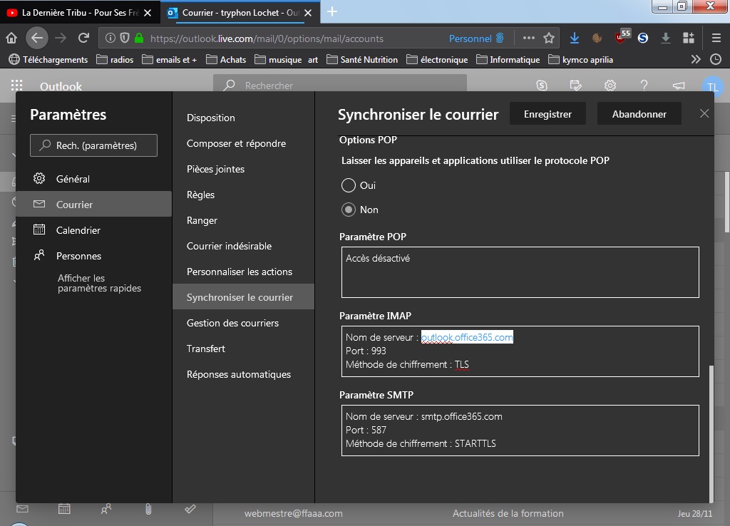 nouveaux imap smtp outlook/live/hotmail